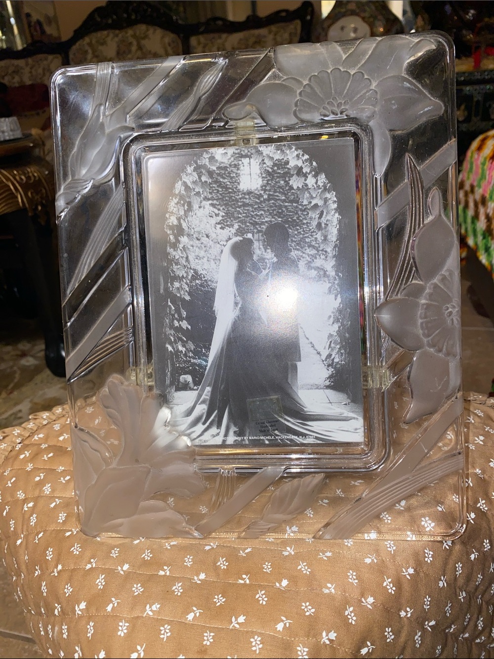 Clear Floral Etched Glass Picture Frame by